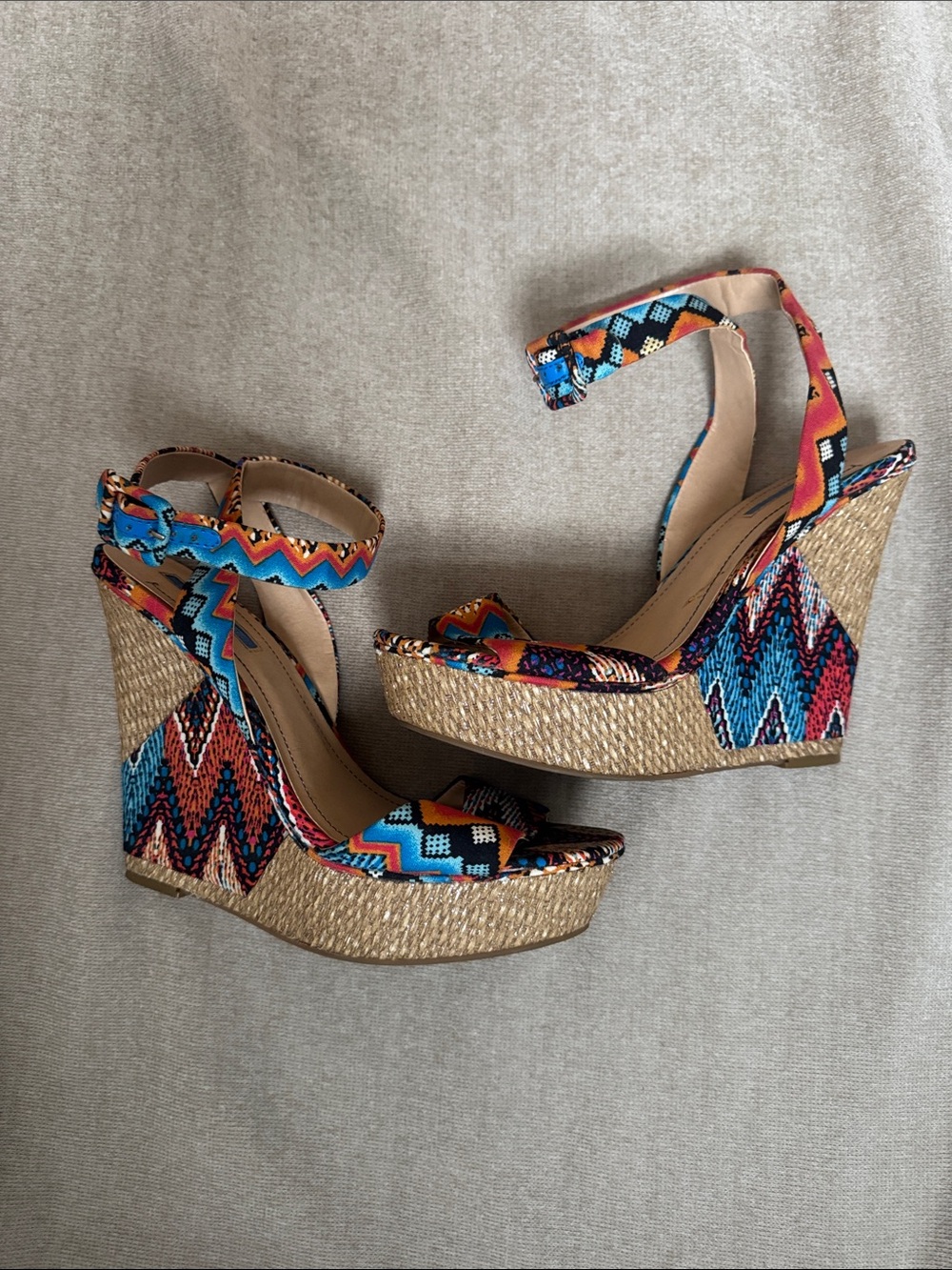 BCBGeneration Colorful Aztec Print Wedge Sandals - Vibrant Blue & Coral